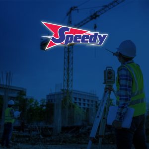 A construction site with a blue overlay and an image of the company logo for 'Speedy'.